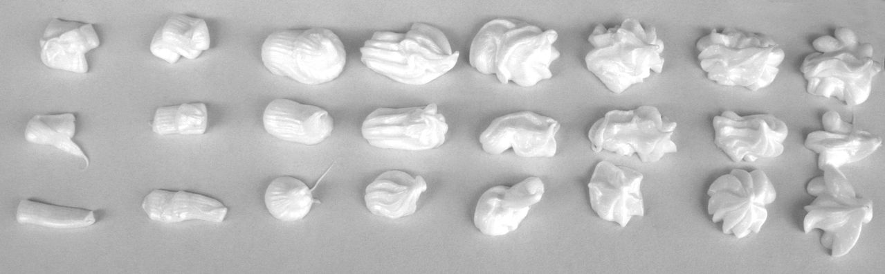 Body wash extruded using various nozzles.